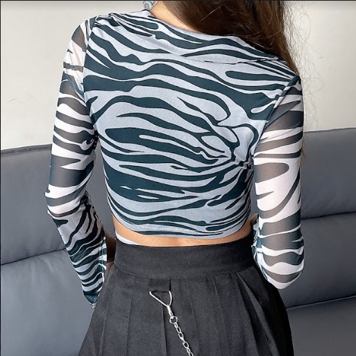 【AMY J】Zebra Print Waist Tie Split T-shirt  7523