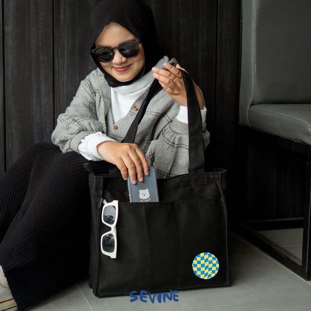 Sevine Totebag Kanvas Rebecca Tas Wanita Tote Bag Kuliah Sekolah Sekat Resleting Hitam Elegan Aesthetic - WB