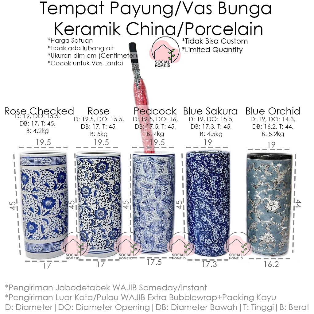 Tempat Payung Vas Bunga Lantai Keramik China Porcelain Porselen Porselain Biru Putih Tinggi 45 cm 45
