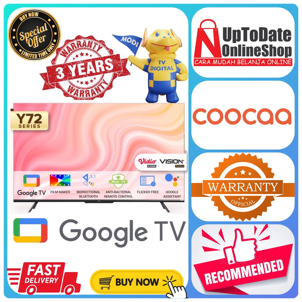 TV LED COOCAA 75INCH 75Y72 75 Y72 GOOGLE TV SMART TV FLICKER FREE 4K UHD NETFLIX YOUTUBE DOLBY AUDIO