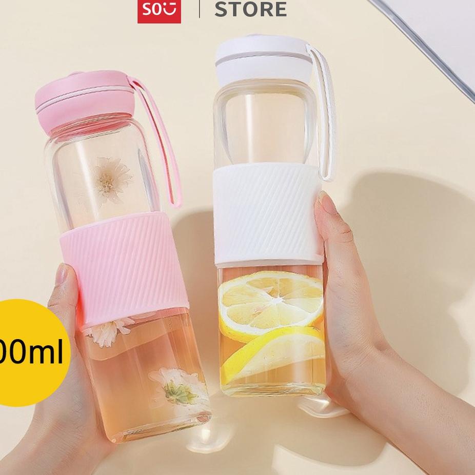 COD MINISO Botol Minum Kaca 500ml Tempat Air Minum Glass Water Bottle Wadah Dewasa Anak Perempuan La
