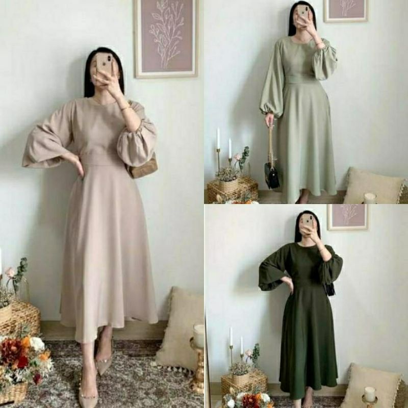 Rebeka Midi Dress Crinkle Airflow Lengan Balon Atasan Wanita Korean Style