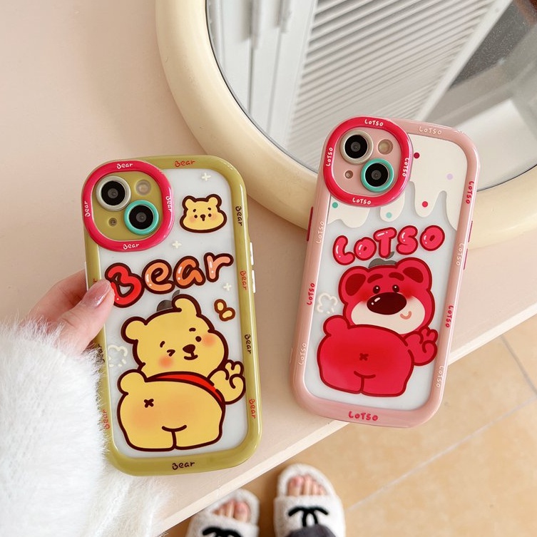 Cute Bears Puff Casing HP iPhone 11 12 13 14 Pro Max14 Plus Hadiah Teman Pink Lucu Wanita Soft Casing Cover Winnie Strawberry Bear