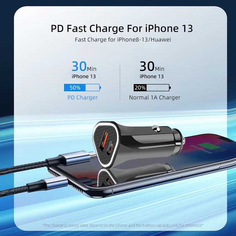 38w QC3.0+PD Dual-Port Flash Charge Adapter QC+Charger Mobil Handphone Tipe C Untuk i-Phone Android Tipe C Di Mobil