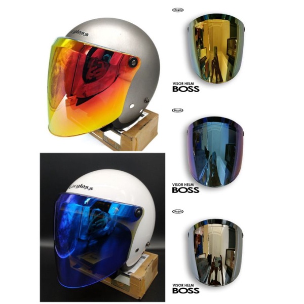 kaca Helm flat Visor iridium blue helm Bogo / retro  mudel 3 kancing kaca helm model venom