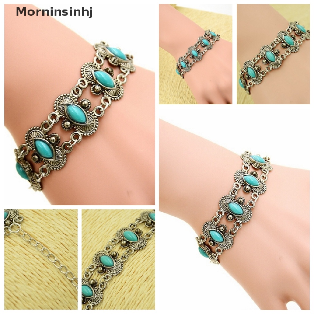 Mornin Sexy Bohemian Fashion Wanita Perak Turquoise Bangle Gelang Pergelangan Tangan Band Perhiasan id