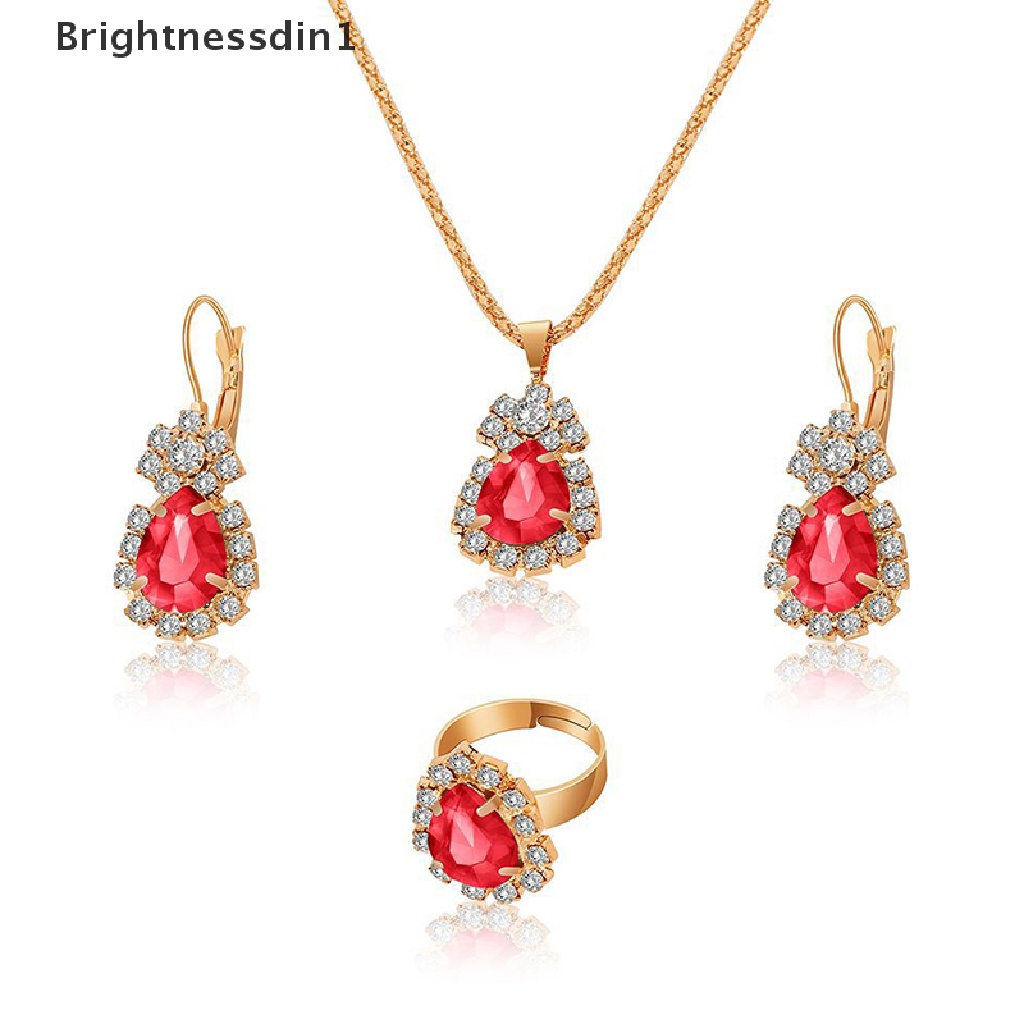 [Brightnessdin1] Fashion Eropa Amerika Perhiasan Liontin Anting Cincin Set Pengantin Dekorasi Hadiah Tetesan Air Berlian Kalung Anting Cincin Set Butik