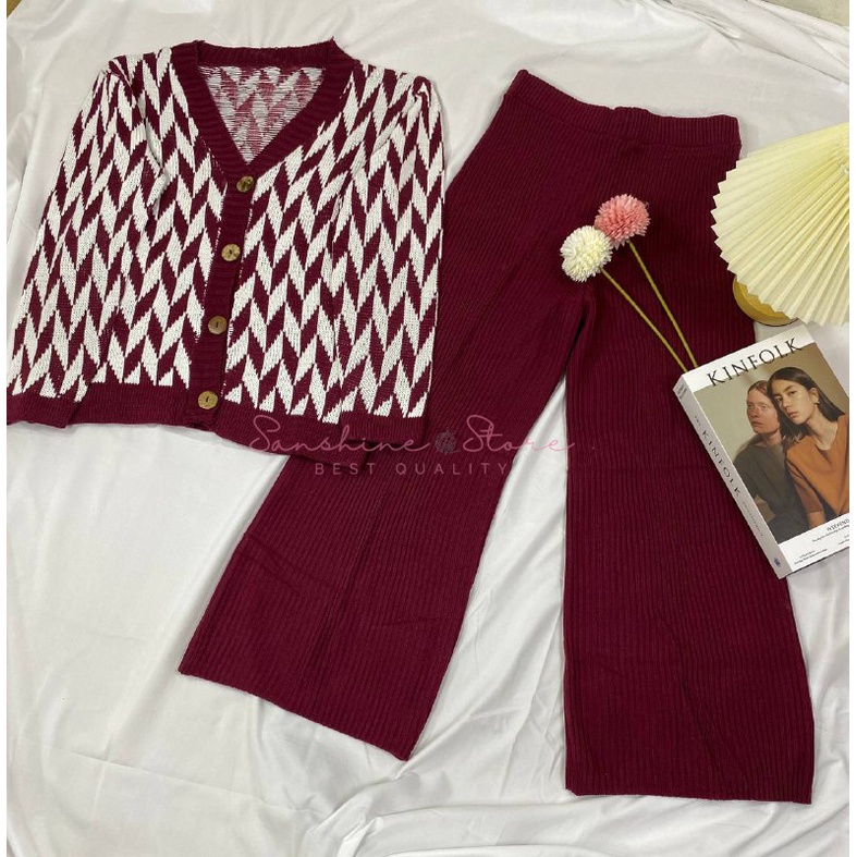 One Set Setelan Wanita Rok Dan Kulot Cardigan Sweater Rajut Warna Maroon