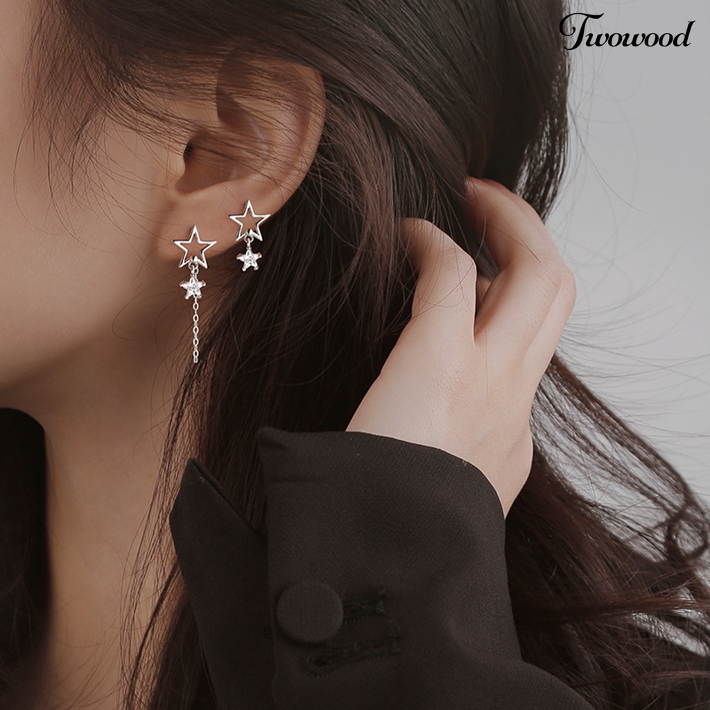 Twowood 1pasang Ear Studs Rantai Bintang Berongga Rumbai Tidak Teratur Warna Emas/Perak Cubic Zirconia Tertanam Bintang Drop Anting-Anting Perhiasan Fashion