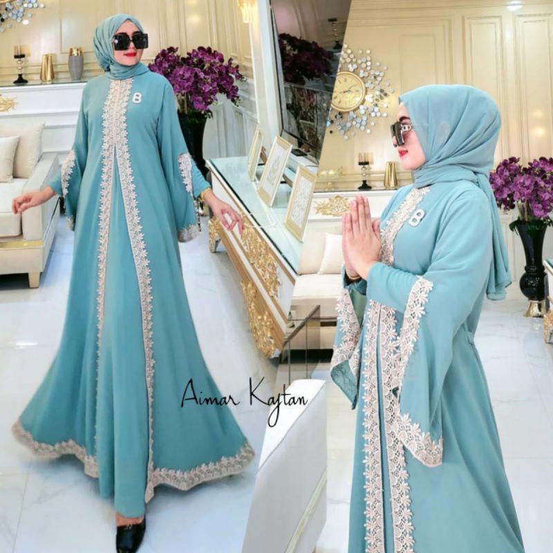 Busana Muslim Wanita Terbaru Gamis Putih Jumbo Aimar Kaftan Dress Lebaran Crinkle AirFlow Aksen Renda Baju Kondangan Gaun Pesta