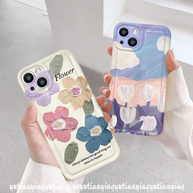 IPHONE Case Bunga Lukisan Cat Minyak Kompatibel Untuk Iphone11 13 12 14 Pro MAX 7Plus XR 6 6S 8P Plus X XS MAX Shockproof Airbag Fresh Art Flower Tulips Soft TPU Silicon Clear Phone Back Cover