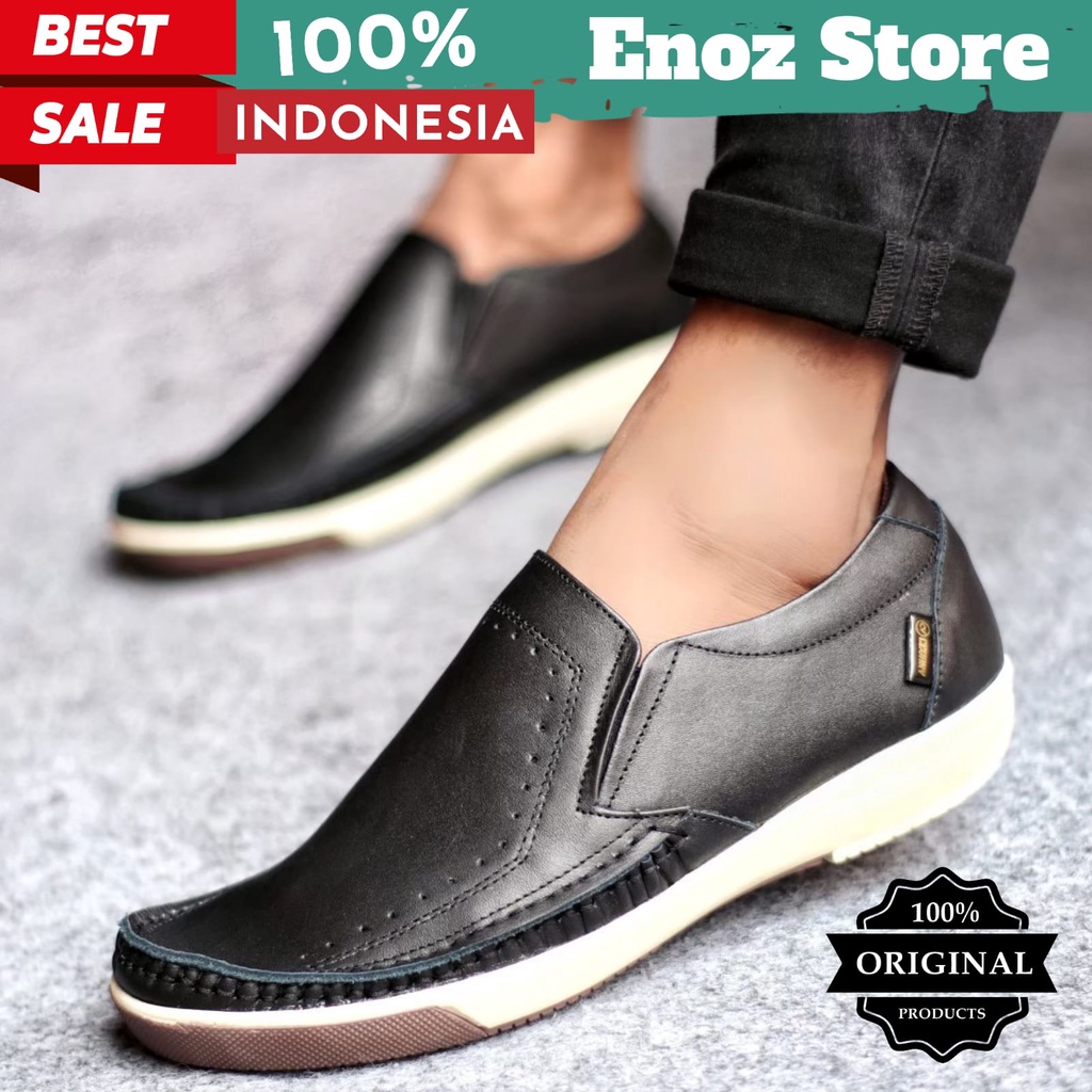 Sepatu Loafer Kasual Kulit Sapi Premium Hitam Pria Slip On Slop Casual Formal Waterproof Cowok Lelaki Remaja Dewasa Enoz Pedro