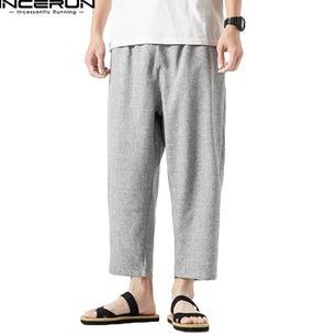 INCERUN Men's Vintage Casual Straight Leg Elastic Waist Loose Trousers