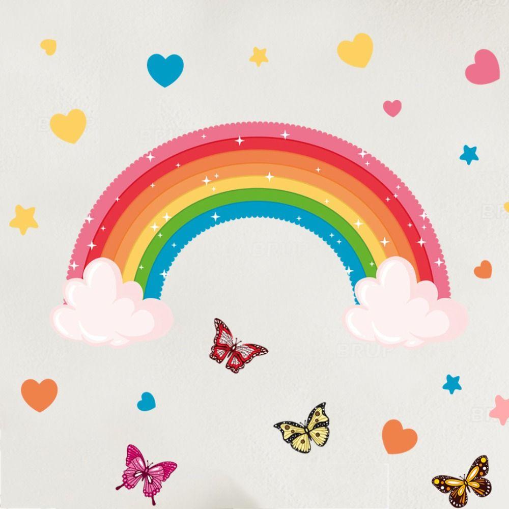 [Elegan] Pelangi Stiker Dinding Tahan Air Removable Hand-painted Art Mural Self-adhesive Tahan Air Untuk Anak-Anak Perempuan Kamar Tidur Latar Belakang Dekorasi Dinding Kupu-Kupu Stiker