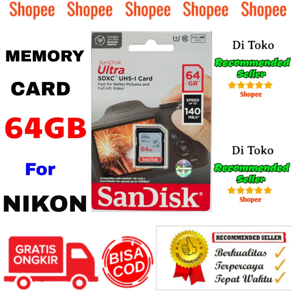 Memory SD Card Sandisk HIGH SPEED 16gb 32gb 64gb Kamera Nikon DSLR D3000 D3100 D3200 D3300 D3400 D35