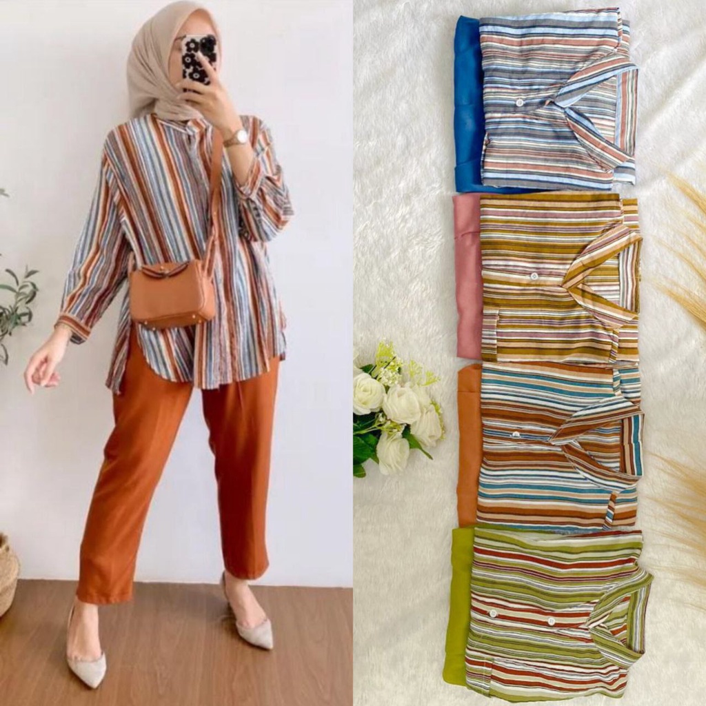 HANNA ONE SET WANITA CRINKLE IMPORT PREMIUM KERAH SYANGHAI FULL KANCING LENGAN KANCING