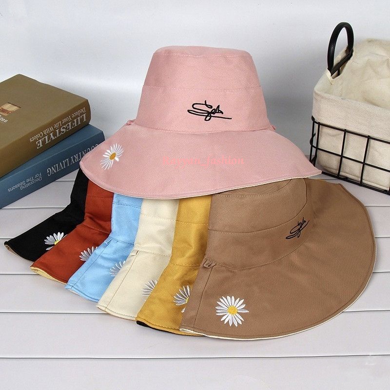 Topi Wanita Bucket Topi Pantai Bunga Daisy 2 Warna Luar / Dalam Import