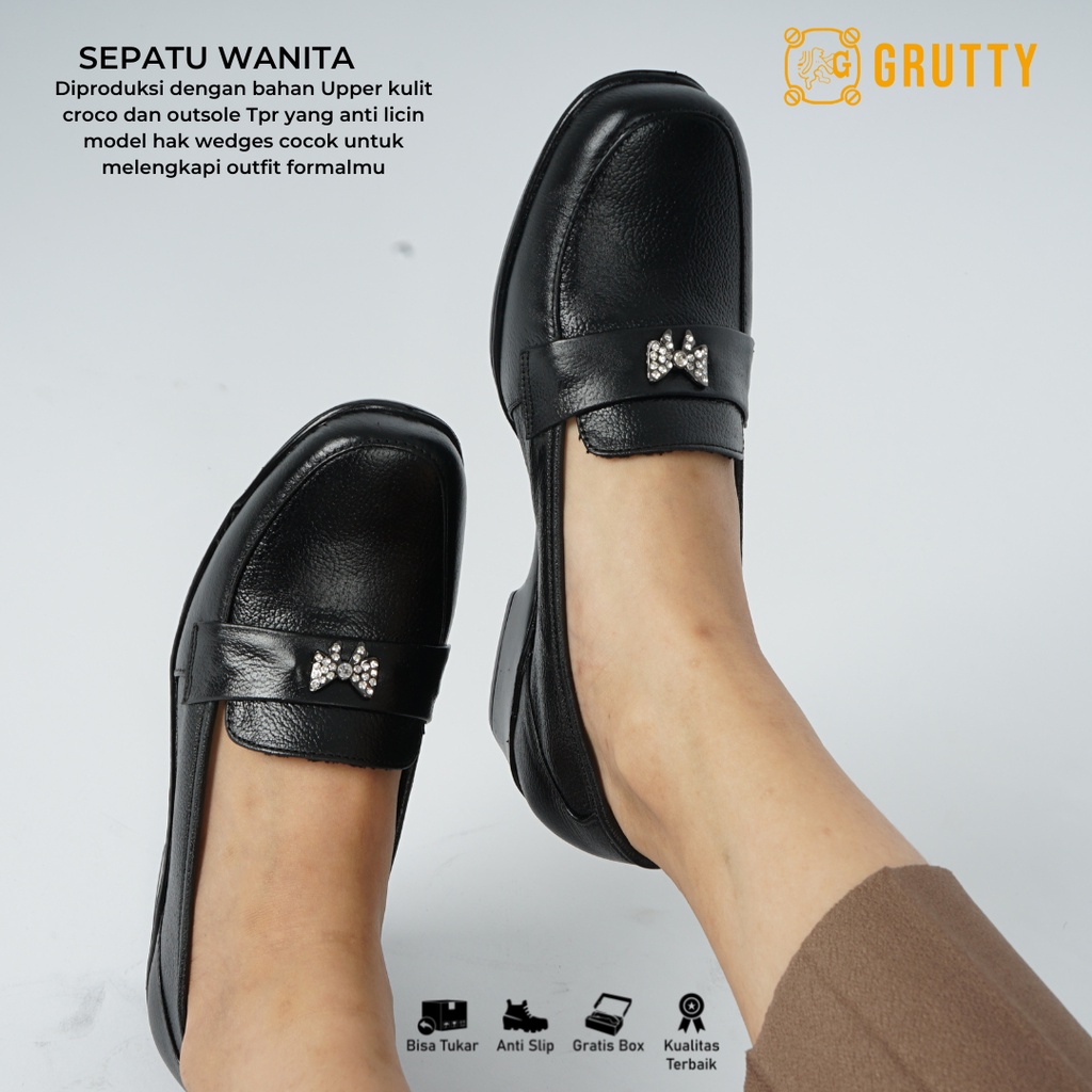 Sepatu Wanita Kerja Pantofel Formal Leather Hitam 3cm Grutty wedges