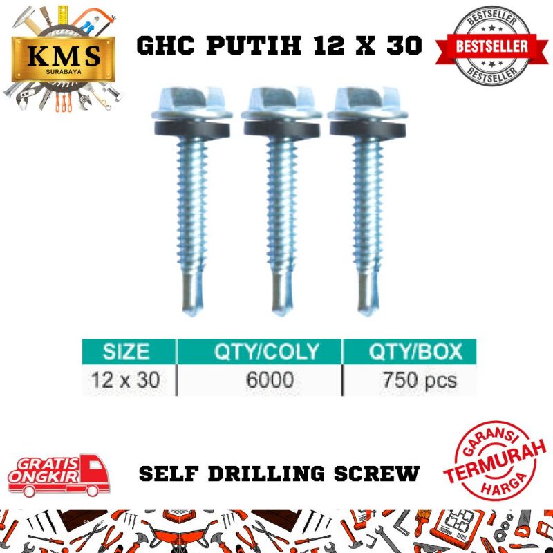 Baut SDS Roofing Drill Kayu Galvalum Baja Ringan Putih GHC 12x30 ( Self Drilling Screw )