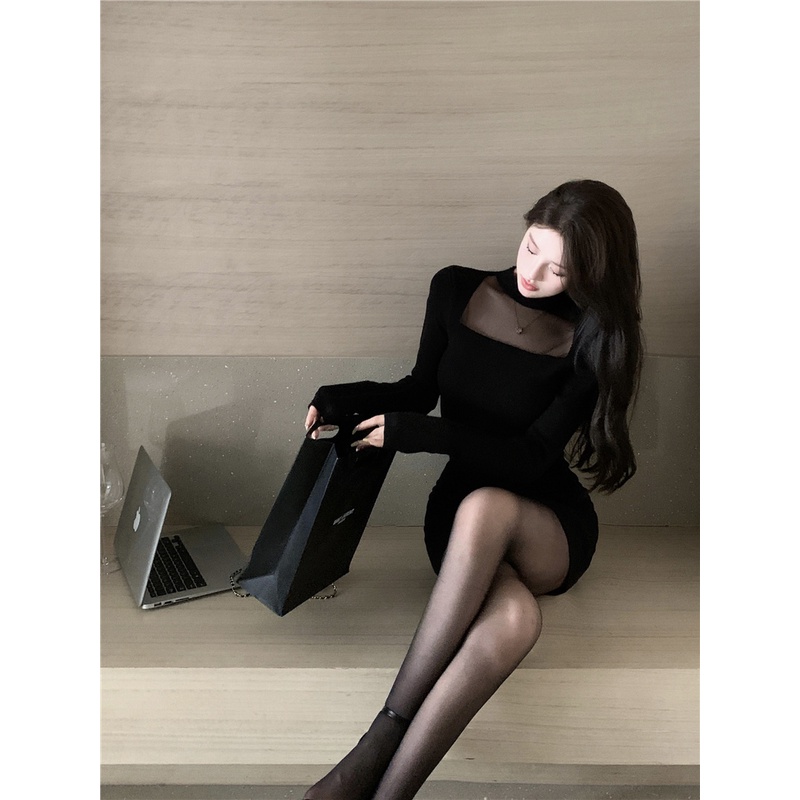 Red Mesh Splicing Kerah Setengah Tinggi Rajutan Gaun Lengan Panjang Gaun Hitam Kecil Babes Tas Pinggang Hip Rok Wanita musim Semi Rok Pendek