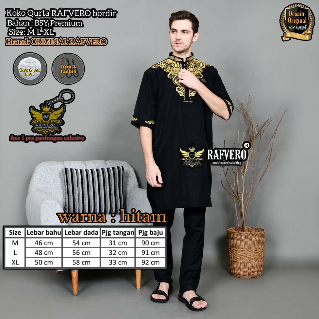 Baju Muslim Koko Pria Qurta Pakistan Bordir Premium Lengan Pendek Brand Rafvero M L XL Bisa COD