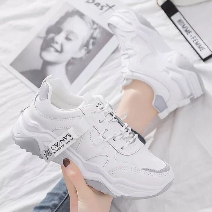 Sepatu Sneakers Wanita Putih Abu Tali Casul Style Import Korea Wanwoo Sol Tinggi FSH151