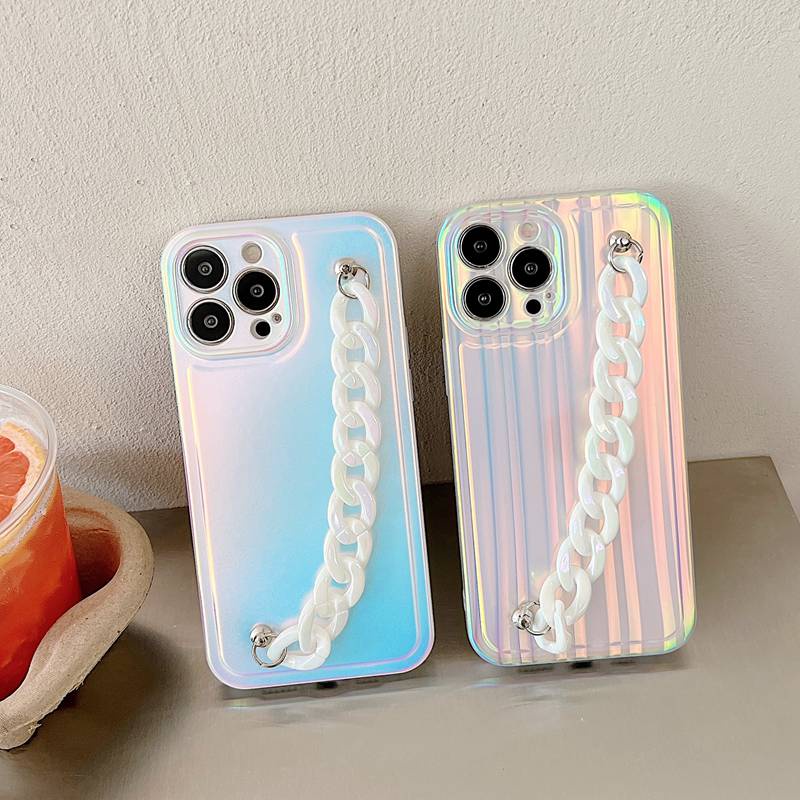 3D Laser Gradient Luxury Soft Case iPhone 11 12 13 14 Pro Max Casing INS Silvery Phone Case Women's Fashion Bracelet Casing hp iPhone 13