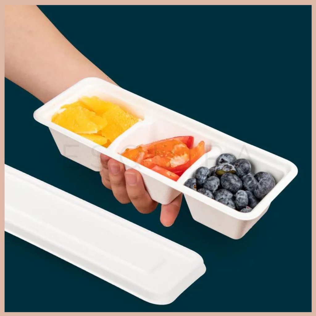 Bagasse Rectangle Japanese 3 DIV / Lunch Box /  Packaging makanan Serat Tebu / 10 Pcs / Y-3G-580RS-AF/Y-AF