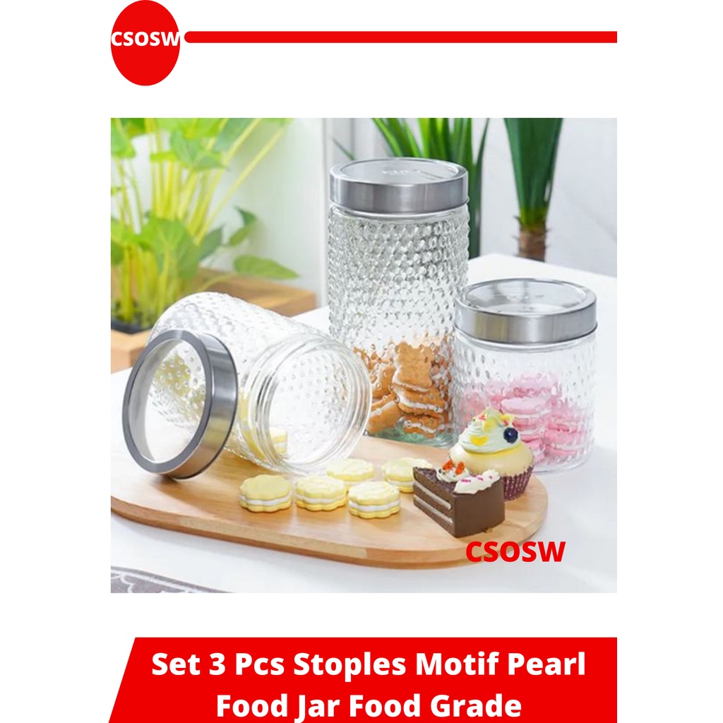 Set 3 Pcs Stoples Makanan Motif Pearl Food Jar Food Grade Toples Kaca Krishome