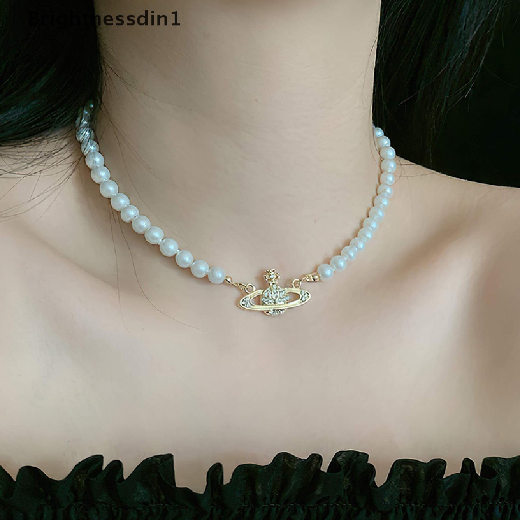 [Brightnessdin1] 1 Pc Gold Silver Saturn Pearl Necklace Pearl Beaded Kristal Berlian Imitasi Kalung Butik