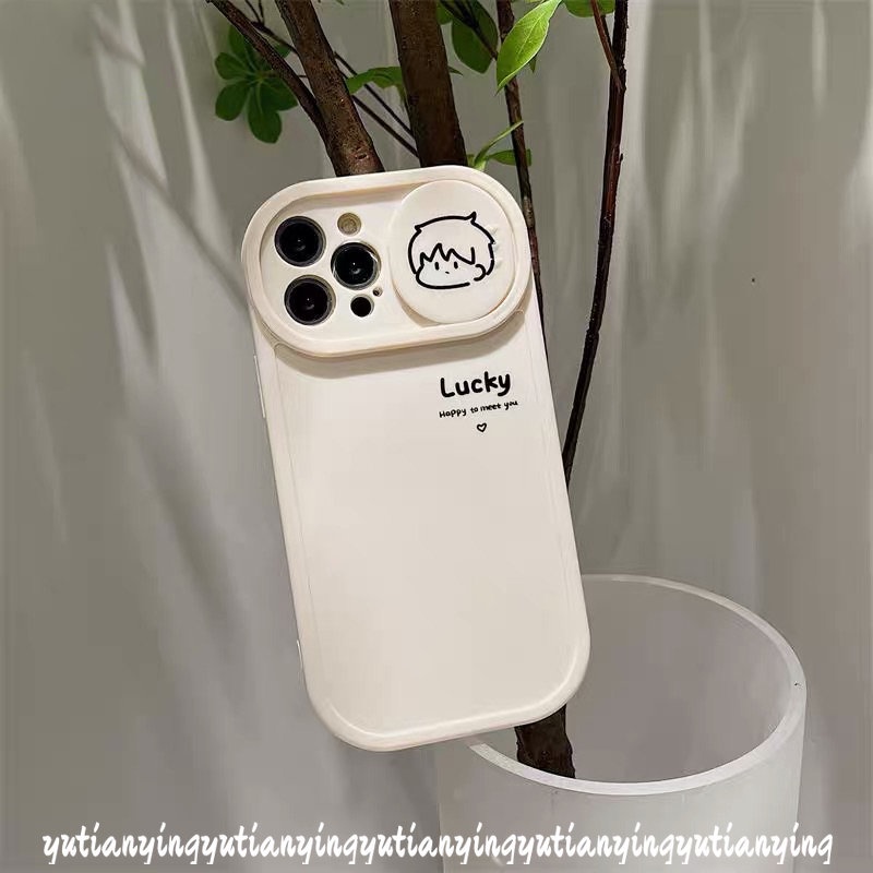 IPHONE Kartun Lucu Gadis Cowok Beruntung Happy Case Kompatibel Untuk Iphone11 12 13 Pro MAX XR 7plus 8plus 78 Plus X XS MAX Push Pull Window Pelindung Lensa Kamera Lembut TPU Pasangan Cover