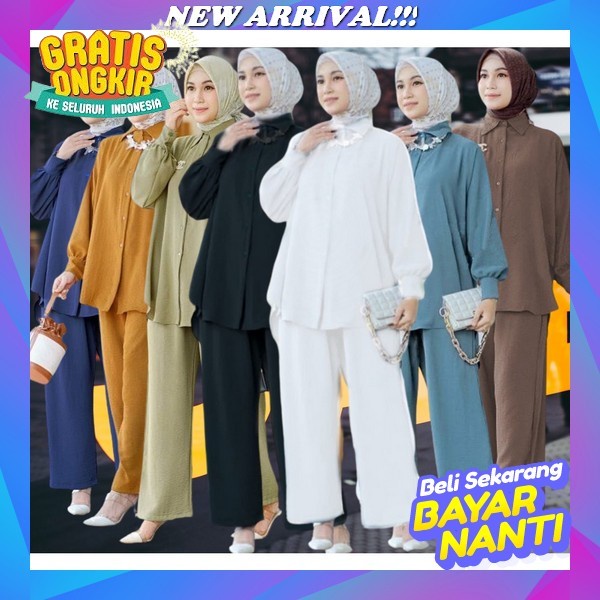 One Set Long Tunik Polos Aksen Bordir /Shella Set By Spassy Bahan Ceruty Import Fullpuring / Stelan 