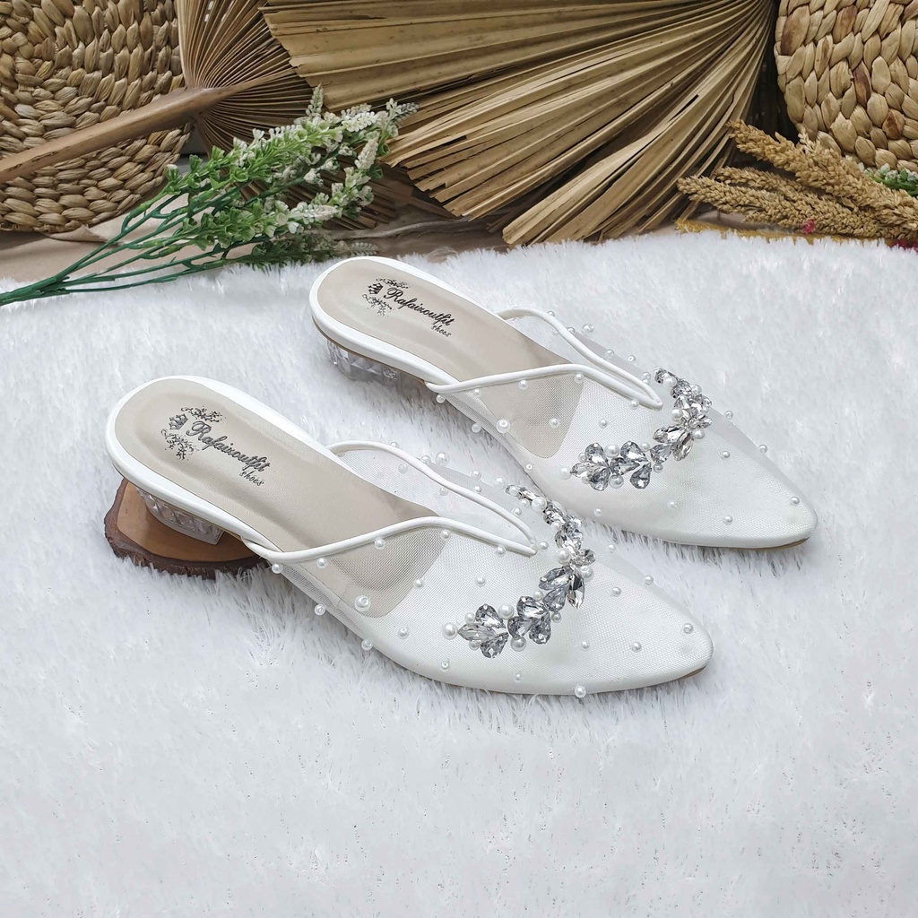 Sepatu wedding pesta cantik Zafia putih transparant hak 3cm kaca