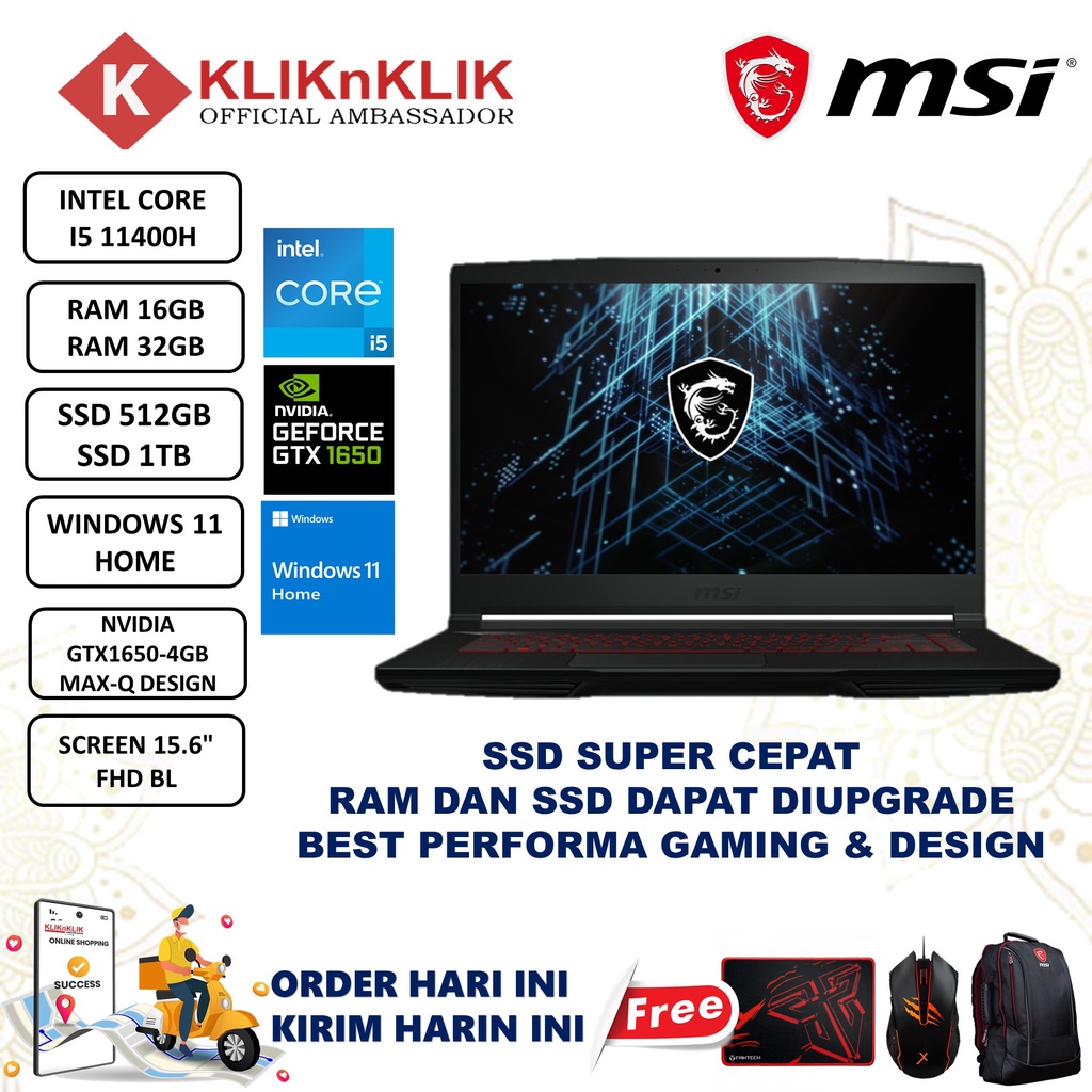 LAPTOP GAMING MSI GF63 THIN INTEL i5 11400H 32GB 1TB SSD GTX1650-4GB WINDOWS 11 HOME