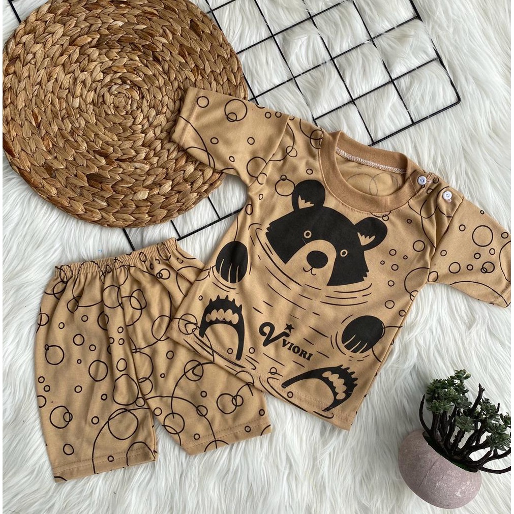 setelan baju anak laki-laki/perempuan lengan pendek lucu murah motif swimming bear 3-18 bulan