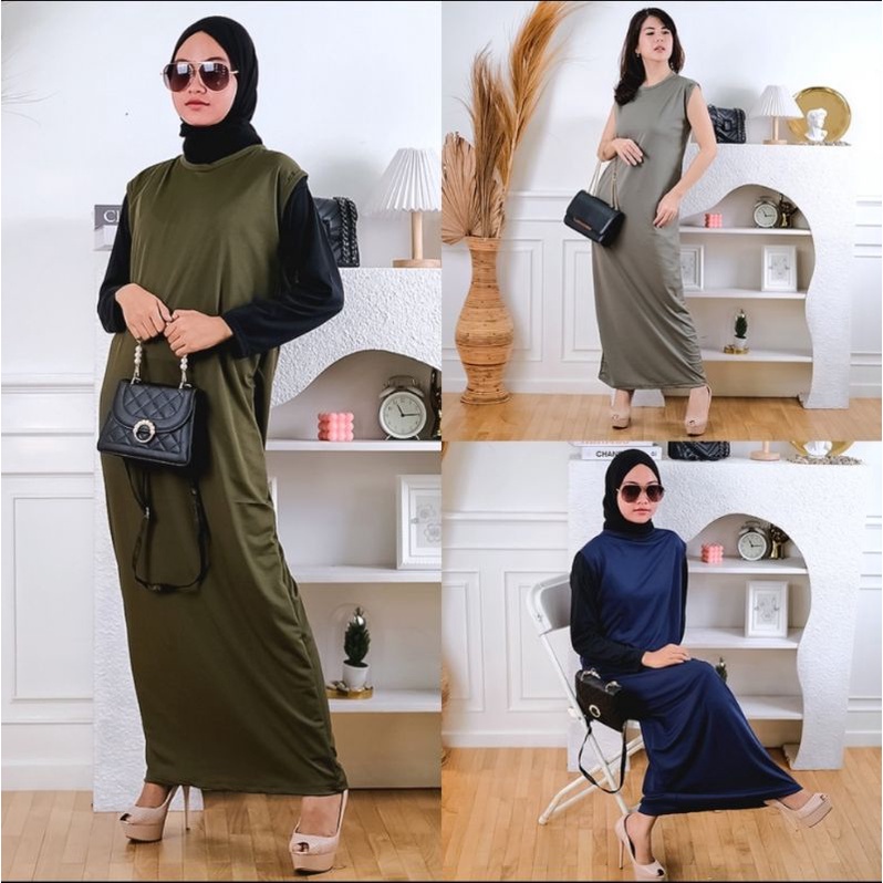 Inner Span Long Dress Tanpa Lengan Yukensi Kutung Dalaman Baju Jersey Spandek