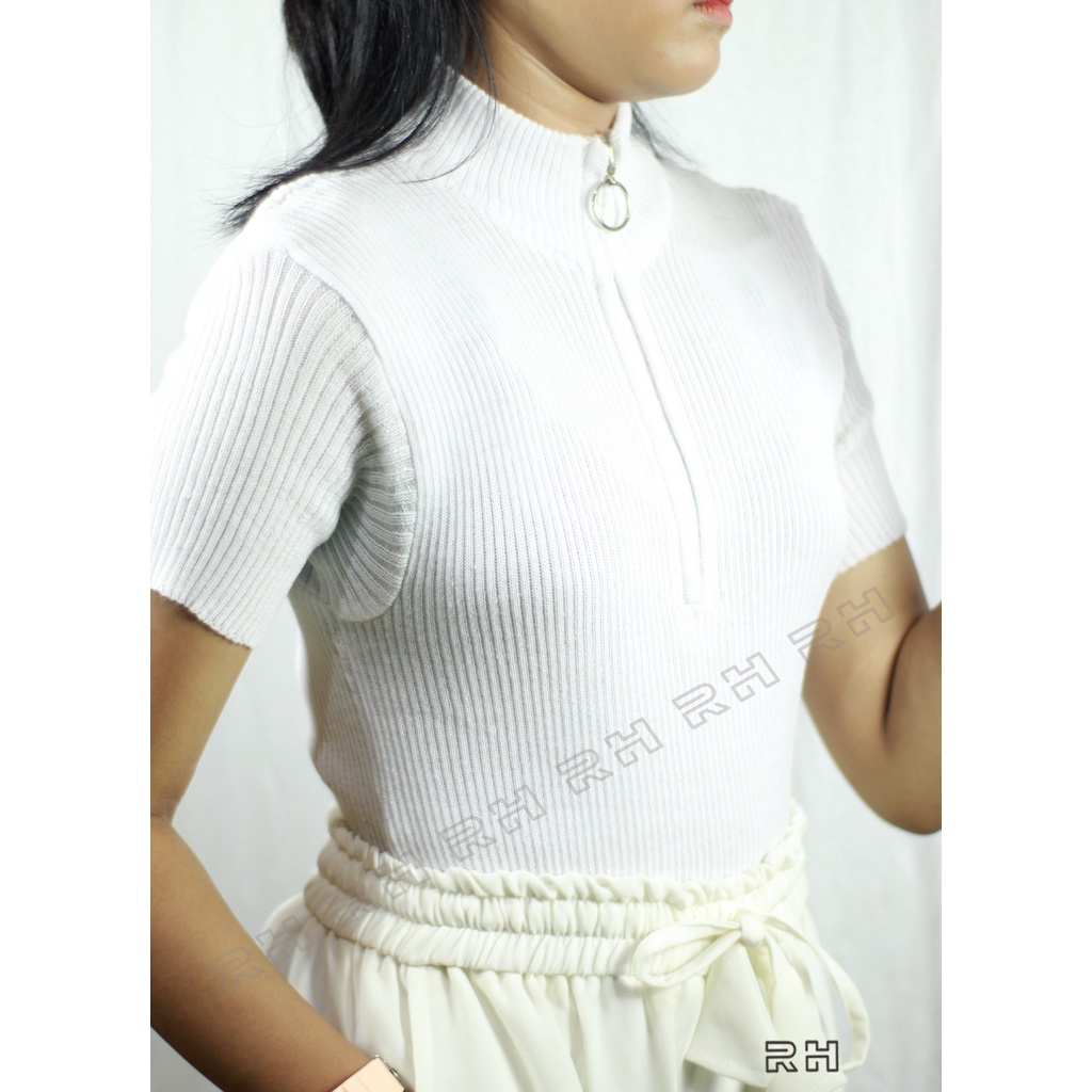 RH - baju rajut wanita turtleneck resleting zipper salur sweater tangan pendek