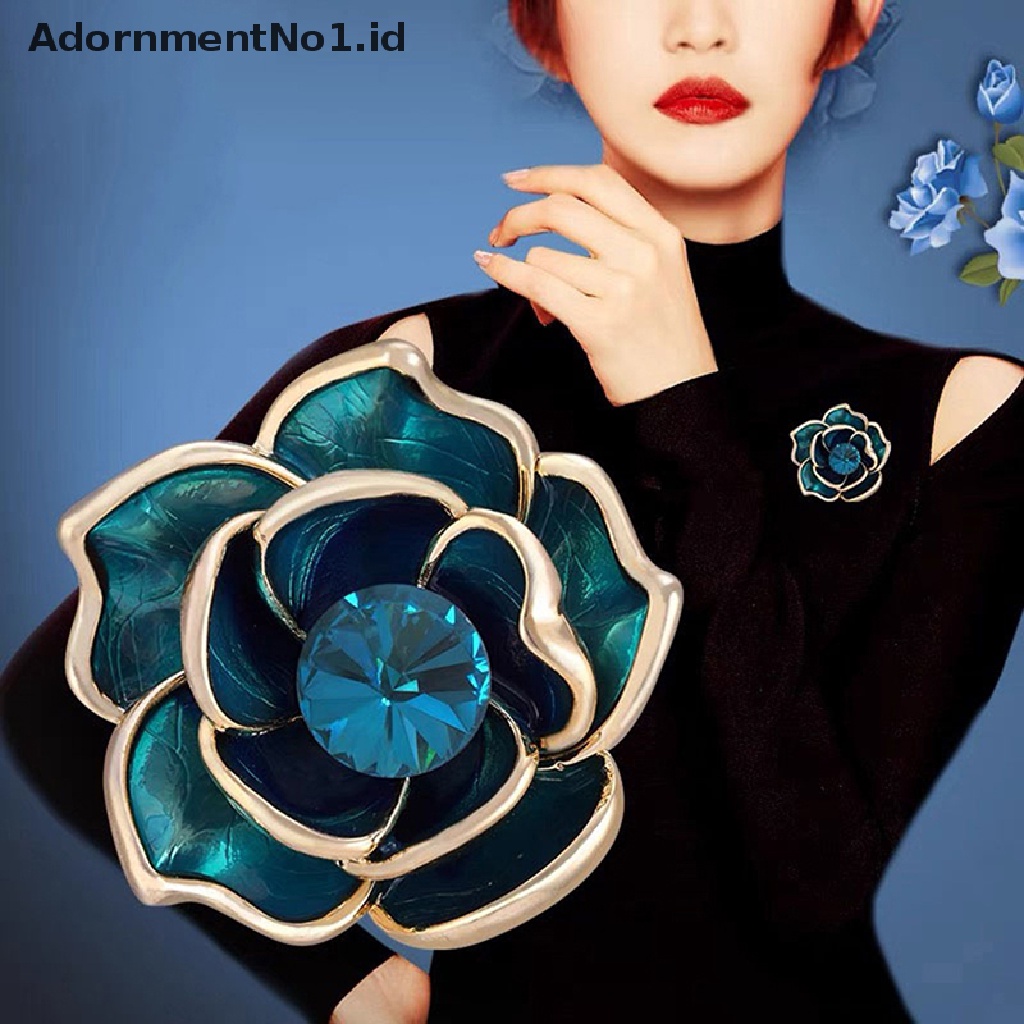 [AdornmentNo1] Bros Bunga Camelia Berlian Imitasi Biru Untuk Wanita Pin Enamel Pin Kerah Elegan [ID]