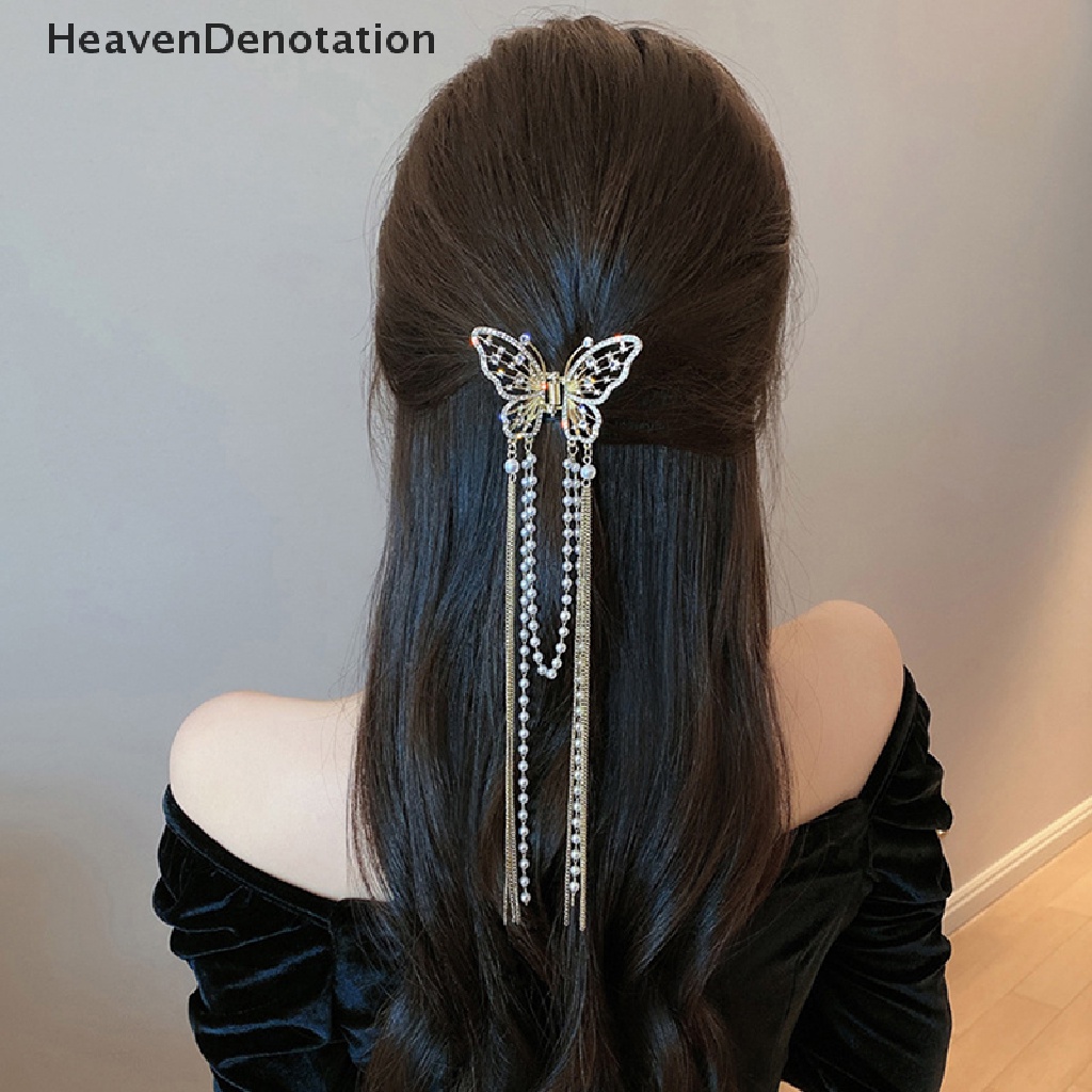 [HeavenDenotation] Mutiara Rumbai Kupu-Kupu Rambut Cakar Vintage Panjang Liontin Rambut Klip Hiu Klip Hiasan Kepala Claw Clip Fashion Gadis Aksesoris Rambut HDV