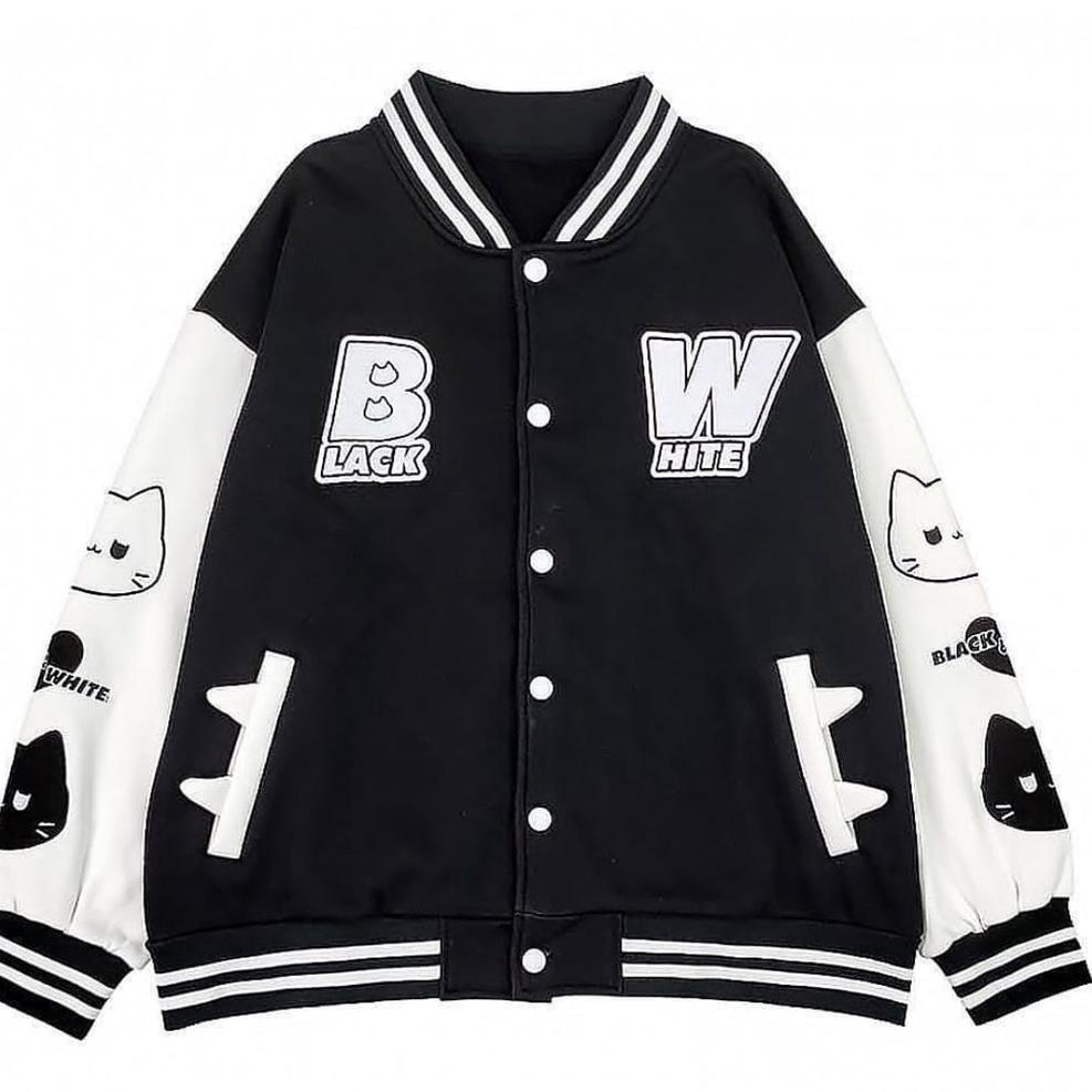 TERPERCAYA BLACK WHITE BASEBALL JAKET VARSITY WANITA | VARSITY JAKET KOREAN STYLE | BASEBALL JAKET