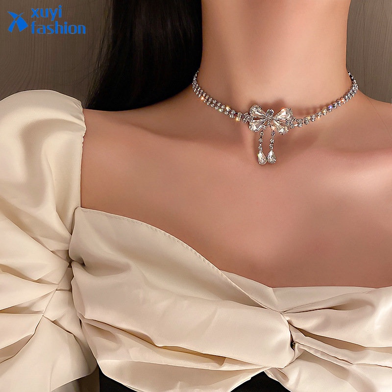 Temperamen Kalung Busur Kristal Mengkilap Elegan Zirkon Rumbai Choker Aksesoris Perhiasan