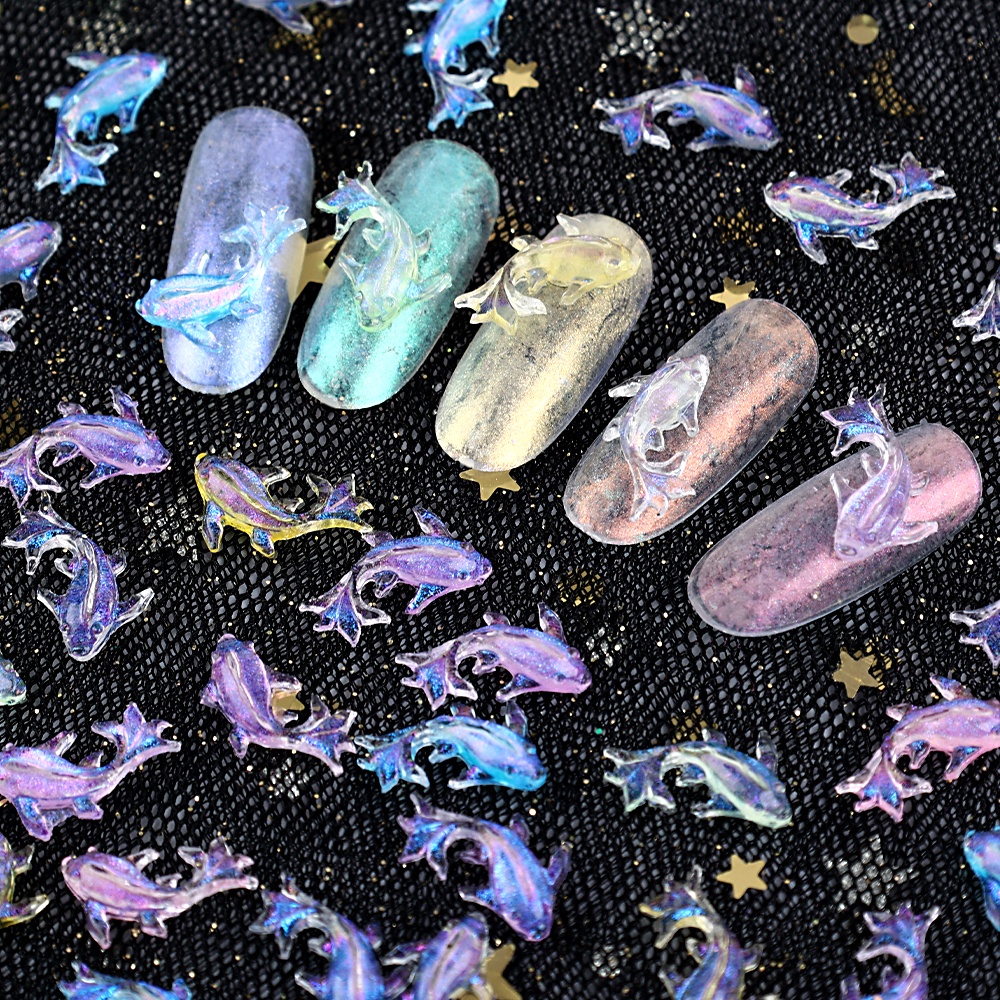 100pcs Dream Color 3D Ikan Koi Aurora Warna Transparan Resin Ikan Mas Glitter Shiny Manicure Decal Nail Hias Berlian Nail Art