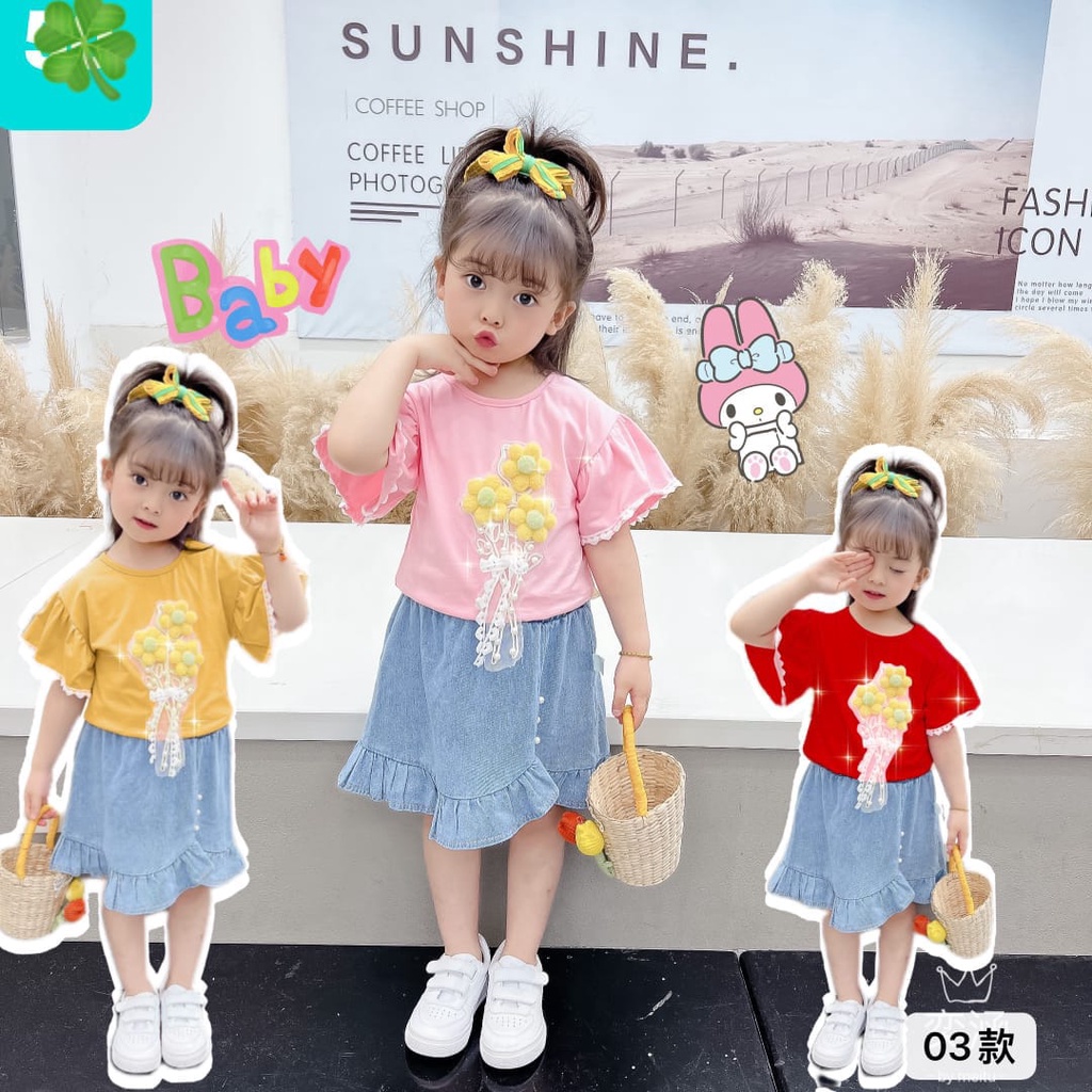 Isi 4 Pcs | Setelan Impor Premium 2 in 1 Lengan Pendek | Setelan Impor + Rok 1-4 Tahun |