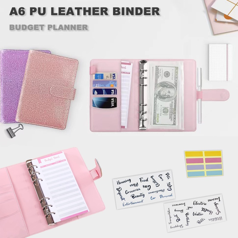 A6 Shinny Binder Notebook Dengan Tas Ritsleting Bahan PU Kulit Uang Daun Longgar Pengatur Anggaran Akun Tangan Perencana Harian Notebook Perlengkapan Kantor Alat Tulis