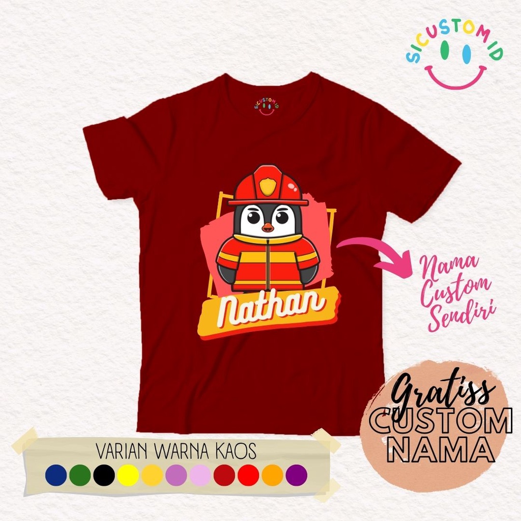 TERLARIS BAJU KAOS ANAK TANGAN PENDEK PENGUIN PEMADAM KEBAKARAN GRATIS CUSTOM NAMA / TULISAN KARTUN PROFESI / PEKERJAAN