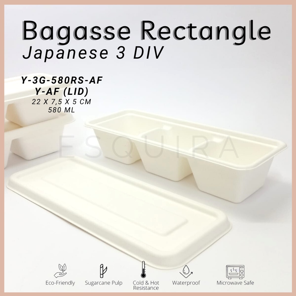 Bagasse Rectangle Japanese 3 DIV / Lunch Box /  Packaging makanan Serat Tebu / 10 Pcs / Y-3G-580RS-AF/Y-AF