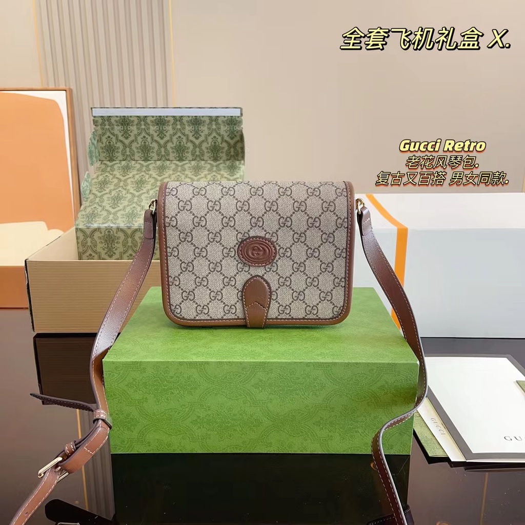 Original Gucci Retro Organ Bag Old Flower Canvas Flap Camera Messenger Bag Single Shoulder Crossbody