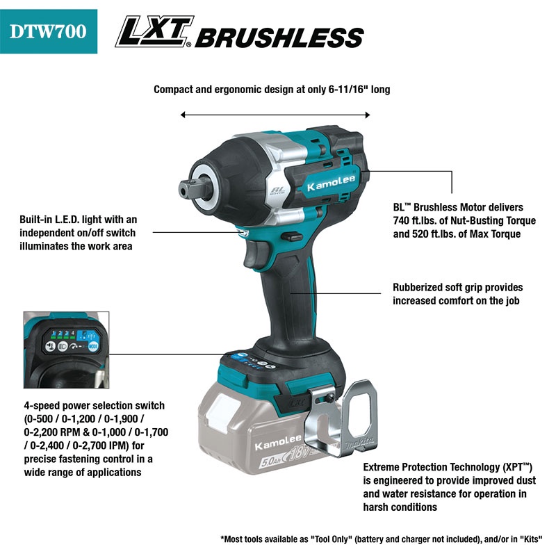 Kamolee DTW700 1800N.m 1/2'' High Torque Electric Wrench 【Compatible With Makita/JLD Batteries】