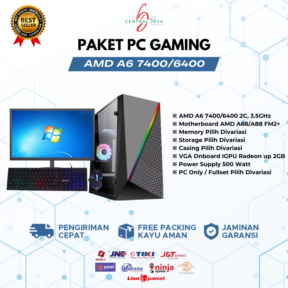 PC Gaming Fullset AMD A6 7400 RAM 16GB HDD SSD - Monitor 19 Inch Keyboard Mouse komputer gaming full set desktop rakitan