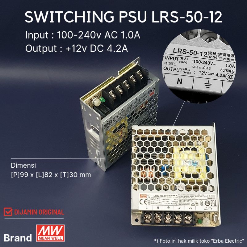 Mean Well DC 12v 4.2A LRS-50-12 Switching Power Supply SMPS Switch Mode PSU 12vdc